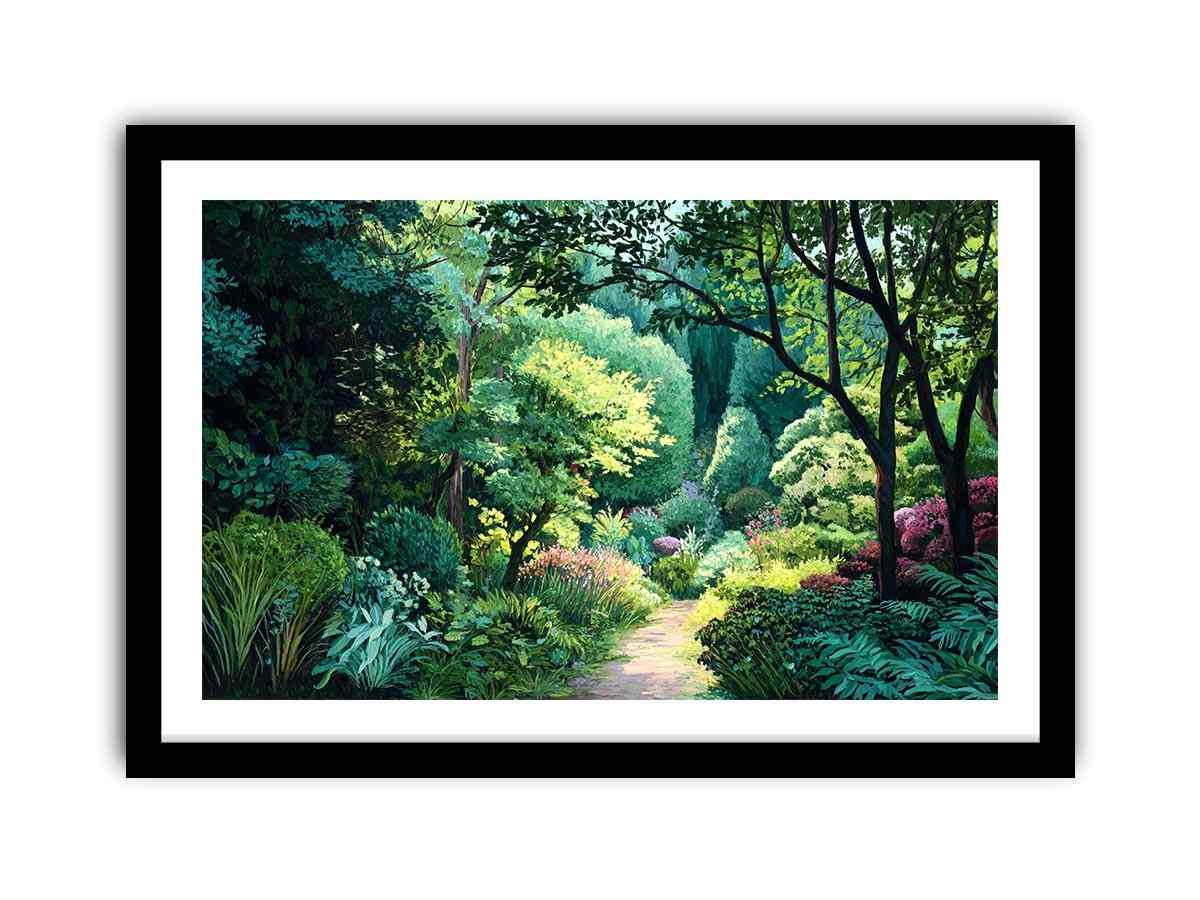 Lush green garden path canvas art for calm biophilic living room decor.