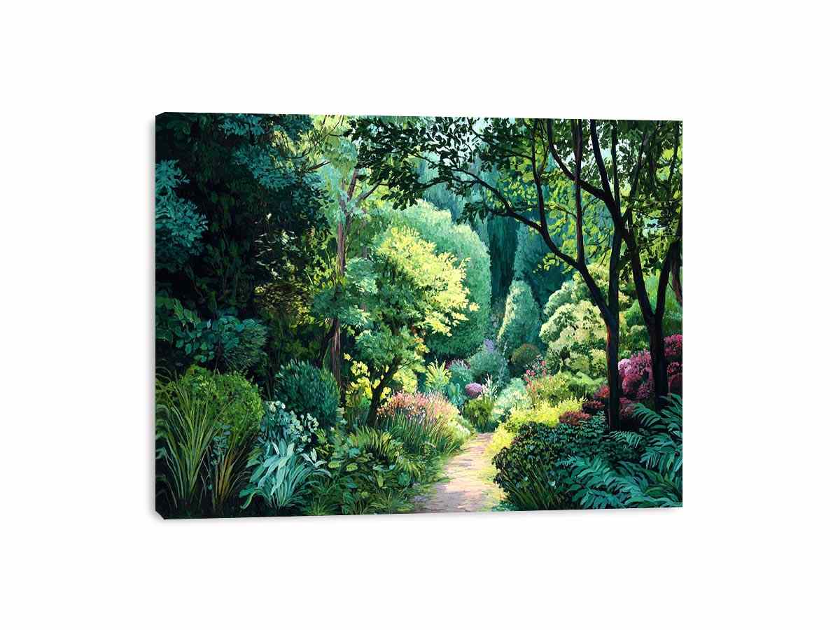 Lush green garden path canvas art for calm biophilic living room decor.