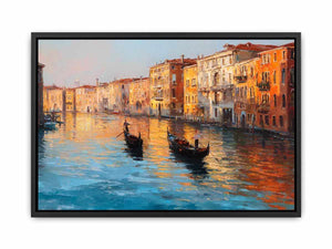 Venice canal canvas art with gondolas and warm reflections for elegant living room decor.