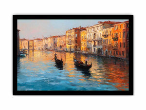 Venice canal canvas art with gondolas and warm reflections for elegant living room decor.