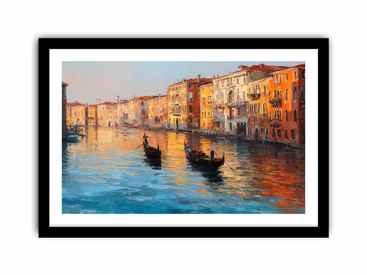 Venice canal canvas art with gondolas and warm reflections for elegant living room decor.
