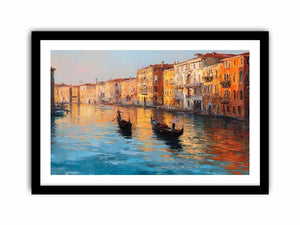 Venice canal canvas art with gondolas and warm reflections for elegant living room decor.