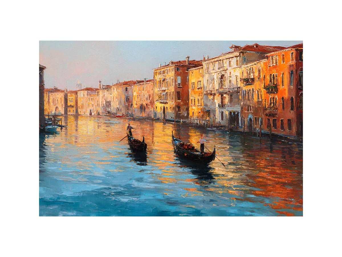 Venice canal canvas art with gondolas and warm reflections for elegant living room decor.