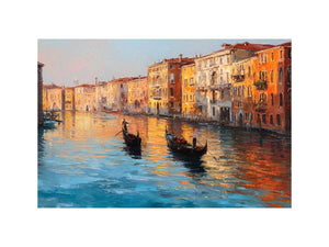 Venice canal canvas art with gondolas and warm reflections for elegant living room decor.