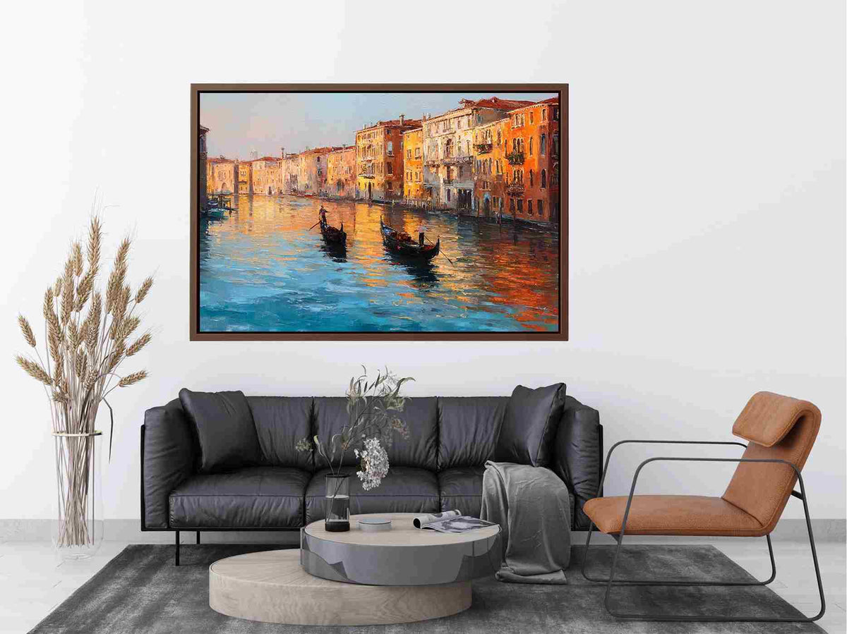 Venice canal canvas art with gondolas and warm reflections for elegant living room decor.