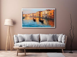 Venice canal canvas art with gondolas and warm reflections for elegant living room decor.