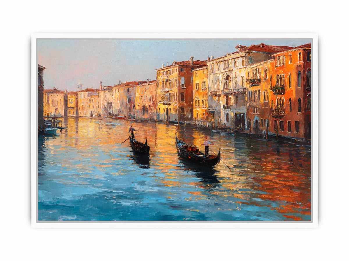 Venice canal canvas art with gondolas and warm reflections for elegant living room decor.