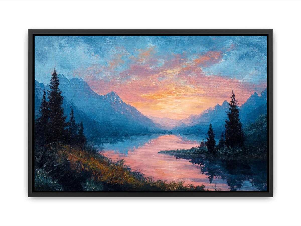 Mountain lake sunrise canvas art with pink clouds for peaceful bedroom decor.