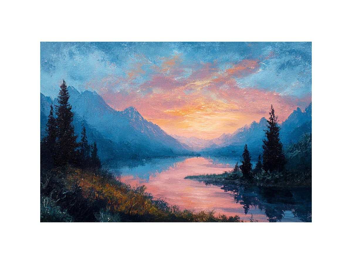 Mountain lake sunrise canvas art with pink clouds for peaceful bedroom decor.