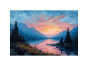 Mountain lake sunrise canvas art with pink clouds for peaceful bedroom decor.
