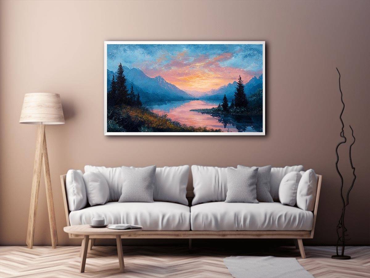 Mountain lake sunrise canvas art with pink clouds for peaceful bedroom decor.