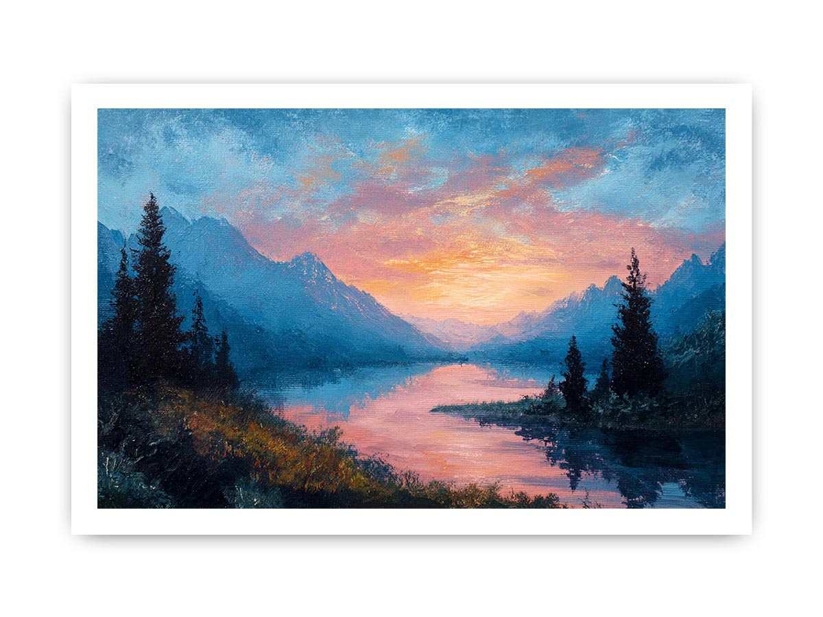 Mountain lake sunrise canvas art with pink clouds for peaceful bedroom decor.