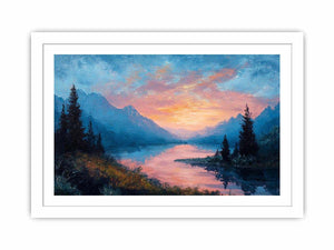 Mountain lake sunrise canvas art with pink clouds for peaceful bedroom decor.
