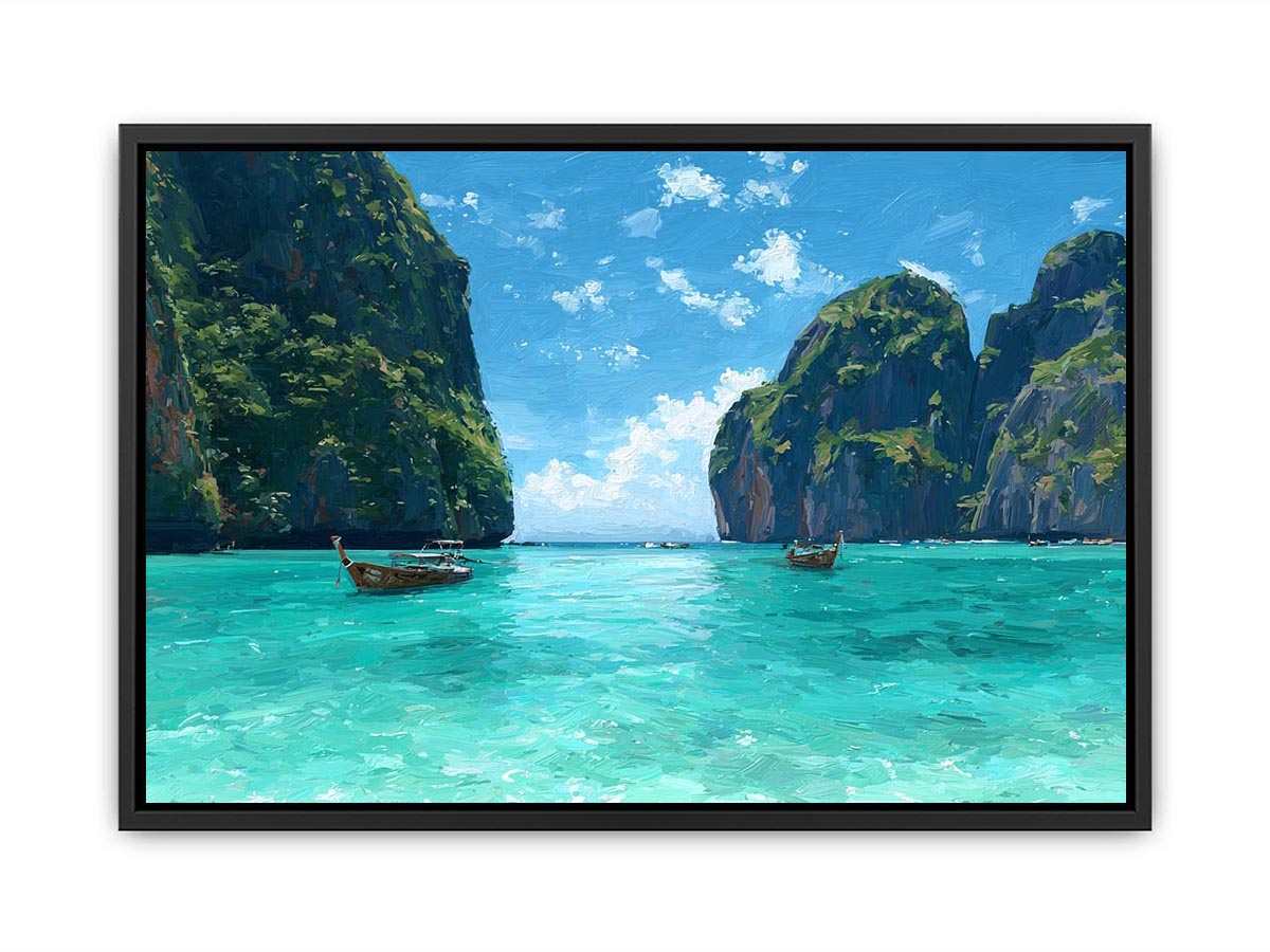 Turquoise tropical cove canvas art with boats and cliffs for bright coastal living room decor.