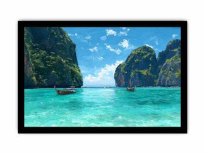Turquoise tropical cove canvas art with boats and cliffs for bright coastal living room decor.