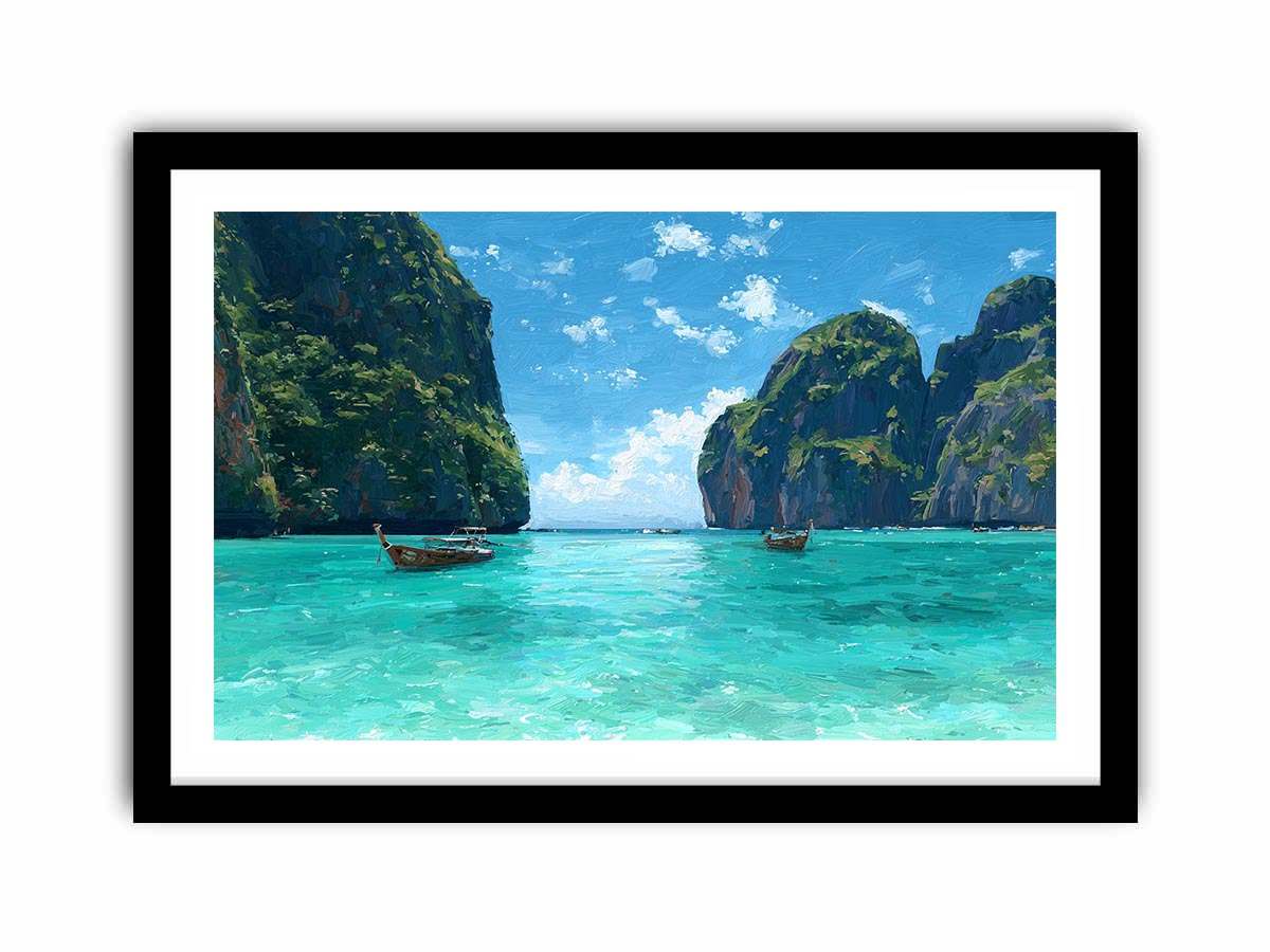 Turquoise tropical cove canvas art with boats and cliffs for bright coastal living room decor.