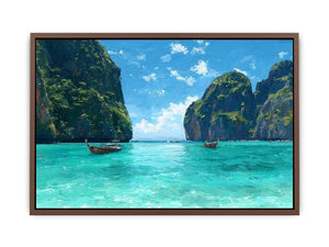 Turquoise tropical cove canvas art with boats and cliffs for bright coastal living room decor.