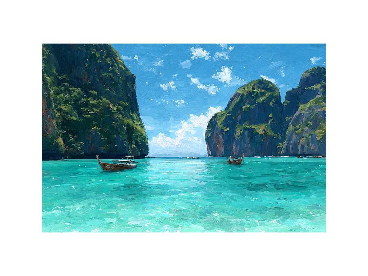 Turquoise tropical cove canvas art with boats and cliffs for bright coastal living room decor.