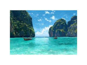 Turquoise tropical cove canvas art with boats and cliffs for bright coastal living room decor.