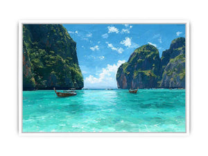 Turquoise tropical cove canvas art with boats and cliffs for bright coastal living room decor.