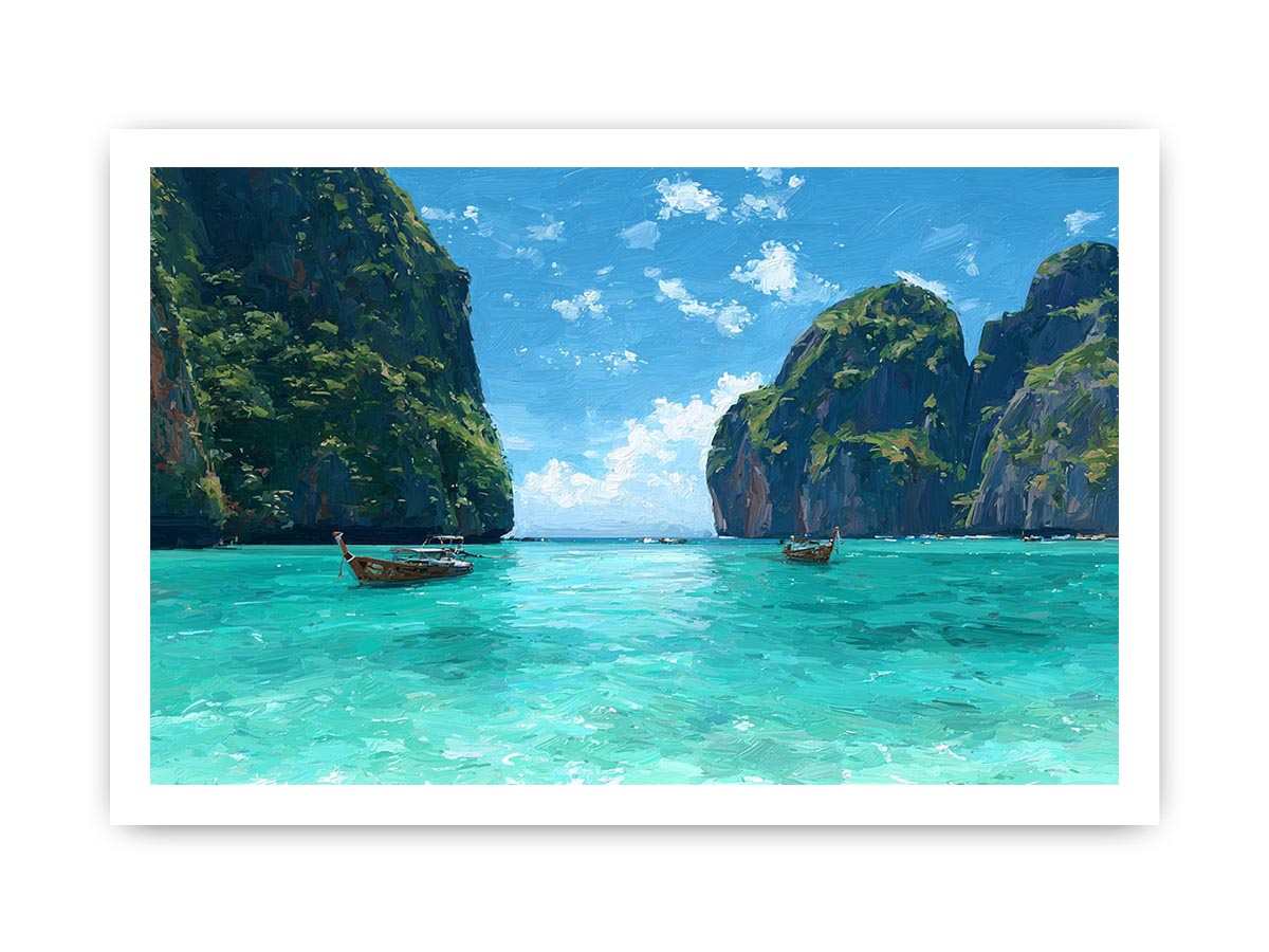 Turquoise tropical cove canvas art with boats and cliffs for bright coastal living room decor.