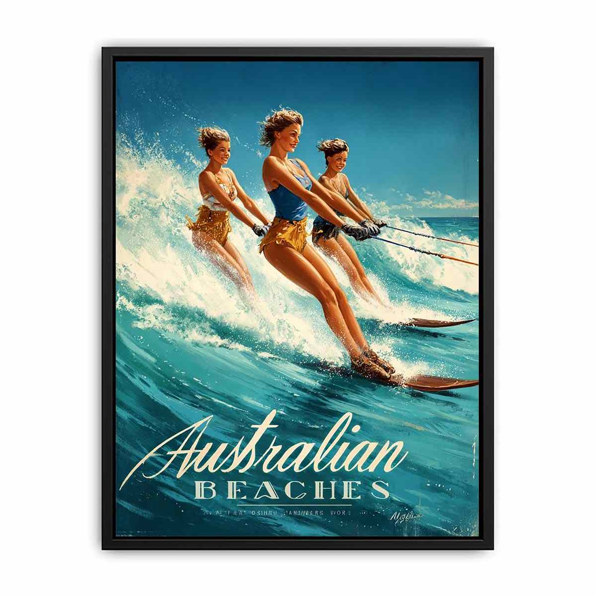 Vintage Australian beach poster art with women water skiing for playful coastal decor.