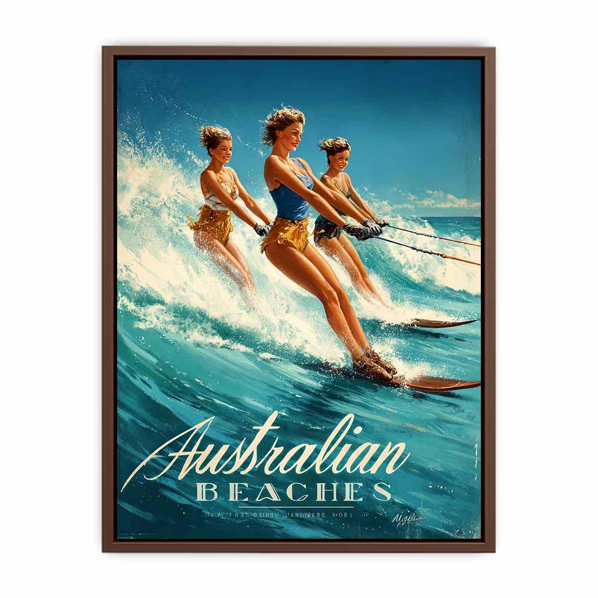 Vintage Australian beach poster art with women water skiing for playful coastal decor.