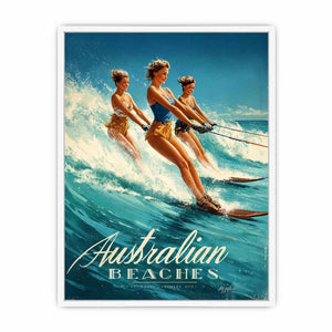 Vintage Australian beach poster art with women water skiing for playful coastal decor.