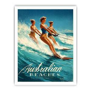 Vintage Australian beach poster art with women water skiing for playful coastal decor.