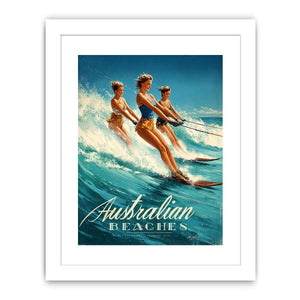 Vintage Australian beach poster art with women water skiing for playful coastal decor.