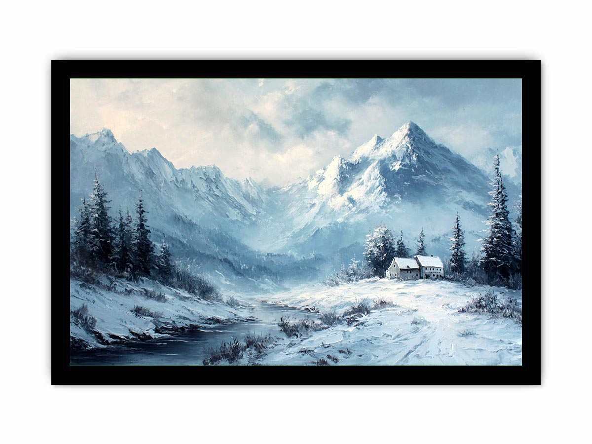 Snowy mountain cabin canvas art for serene rustic modern living room decor.
