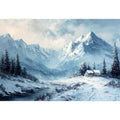 Snowy mountain cabin canvas art for serene rustic modern living room decor.