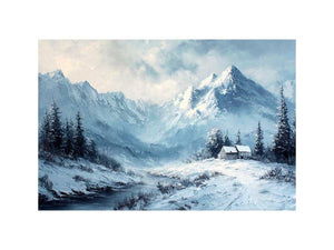 Snowy mountain cabin canvas art for serene rustic modern living room decor.