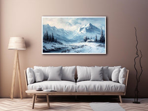 Snowy mountain cabin canvas art for serene rustic modern living room decor.