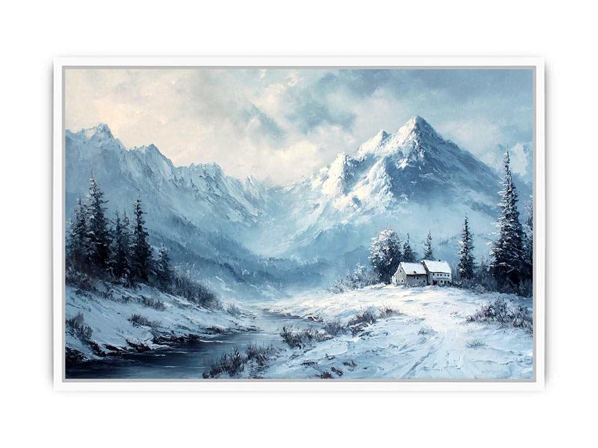 Snowy mountain cabin canvas art for serene rustic modern living room decor.
