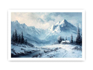 Snowy mountain cabin canvas art for serene rustic modern living room decor.