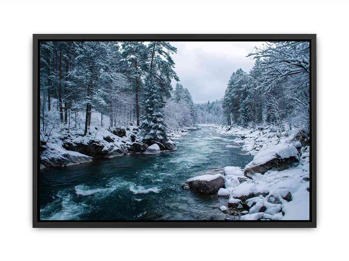 Snowy forest river photography print for calm modern office wall decor.