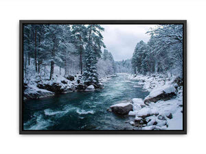Snowy forest river photography print for calm modern office wall decor.