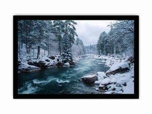 Snowy forest river photography print for calm modern office wall decor.
