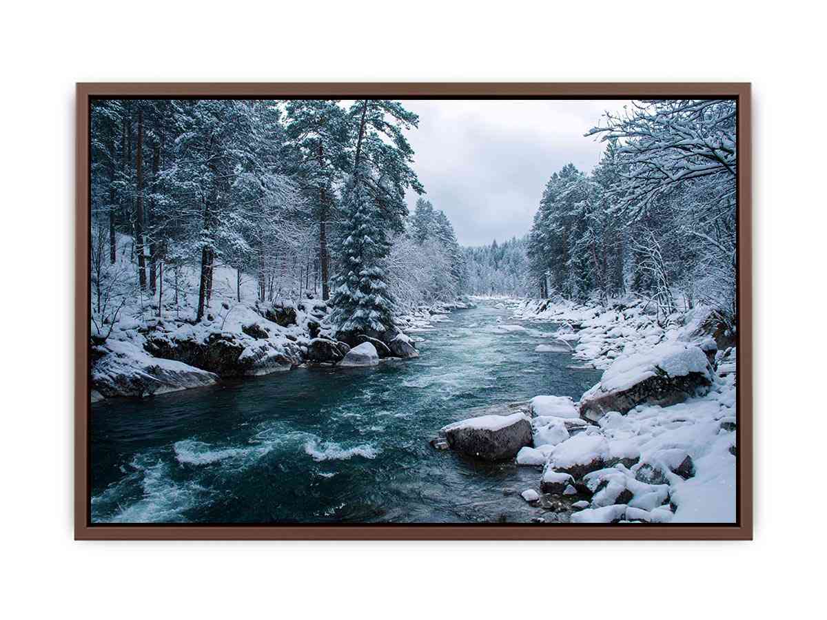 Snowy forest river photography print for calm modern office wall decor.