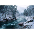 Snowy forest river photography print for calm modern office wall decor.