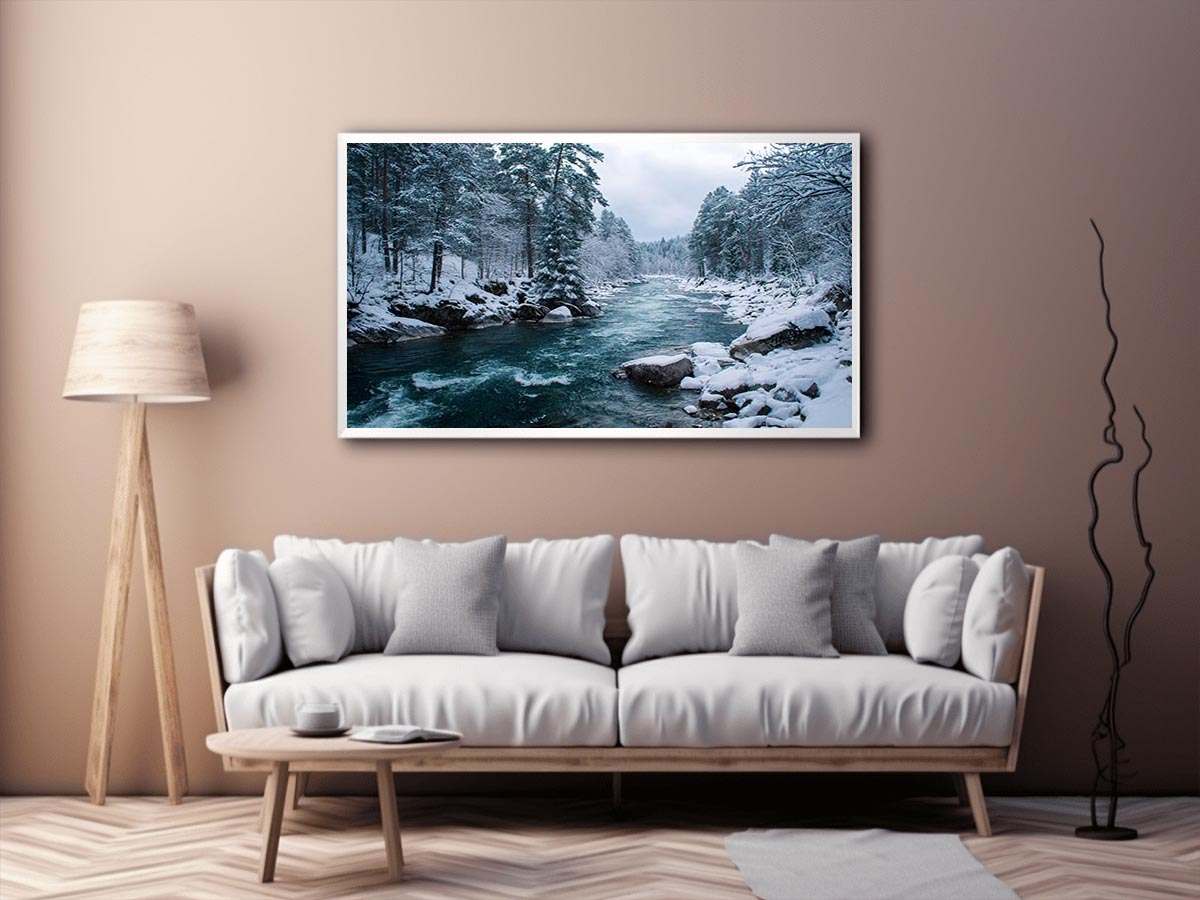 Snowy forest river photography print for calm modern office wall decor.