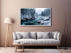 Snowy forest river photography print for calm modern office wall decor.