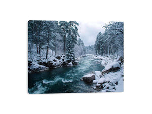 Snowy forest river photography print for calm modern office wall decor.