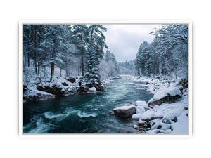 Snowy forest river photography print for calm modern office wall decor.
