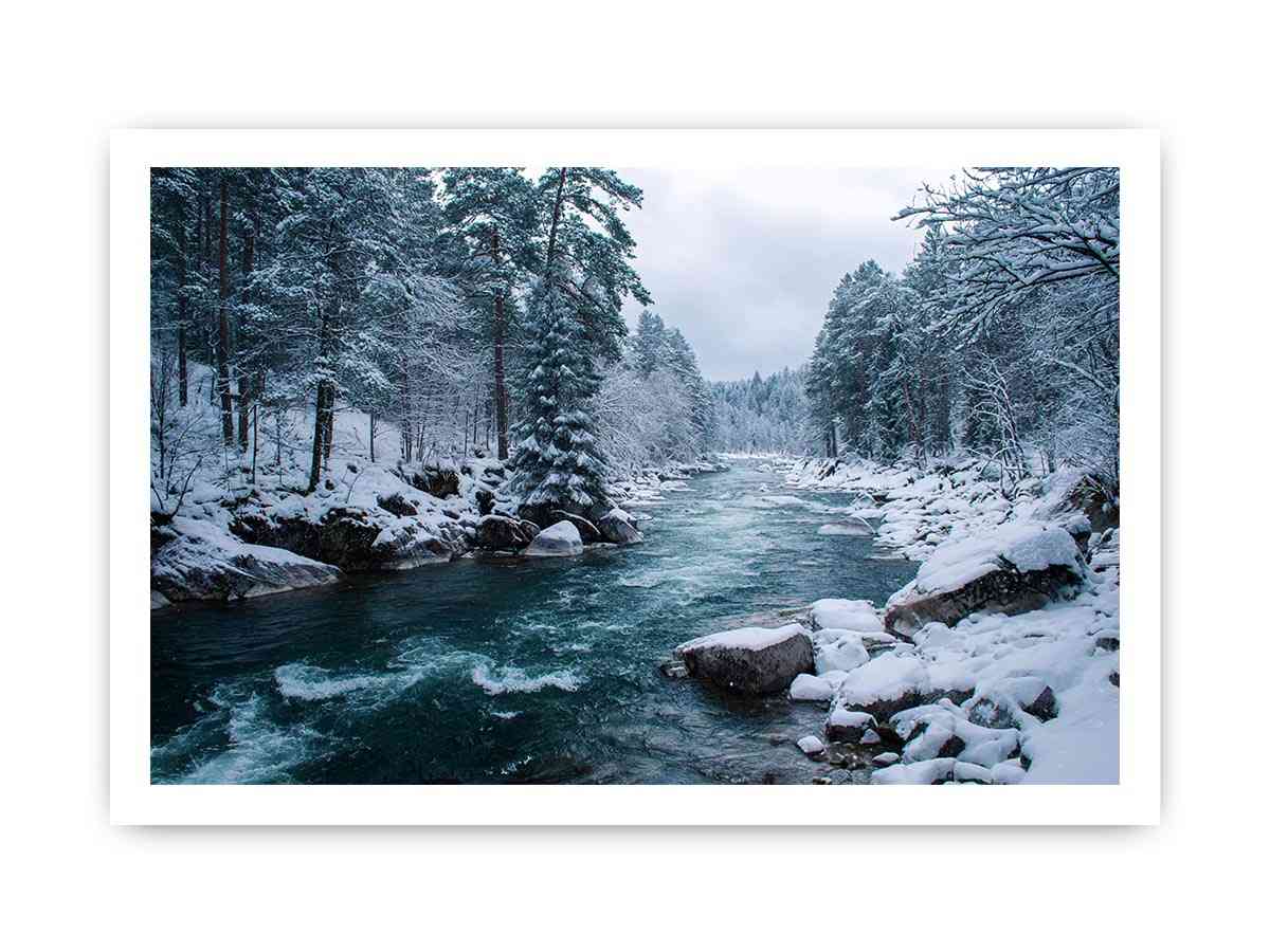 Snowy forest river photography print for calm modern office wall decor.