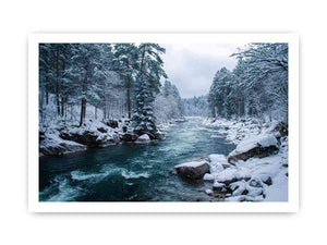 Snowy forest river photography print for calm modern office wall decor.