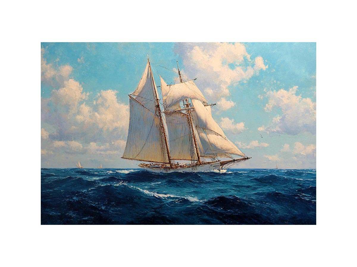 Classic sailboat canvas art with blue ocean and white sails for nautical living room decor.