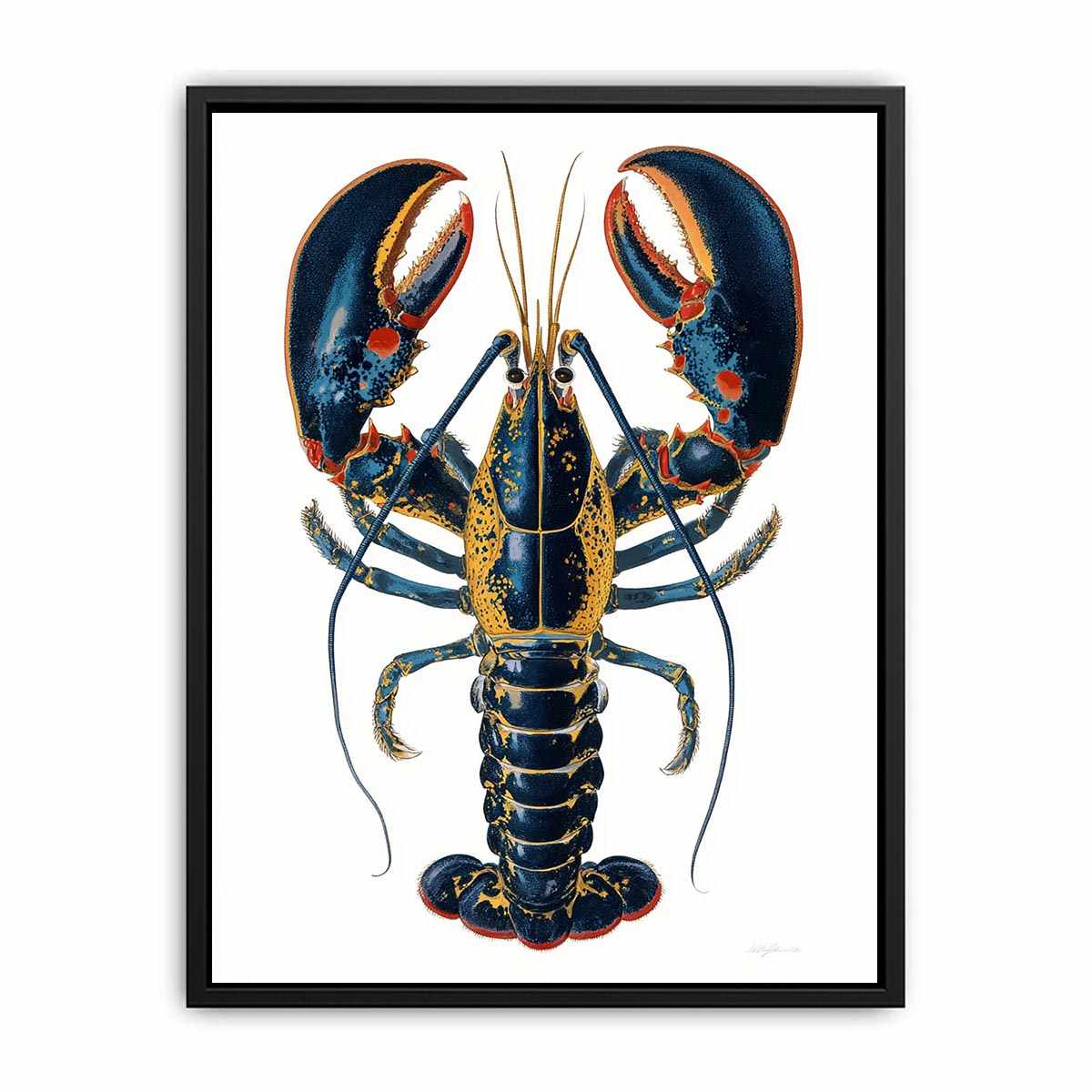 Blue and gold lobster illustration print for coastal kitchen and dining room decor.
