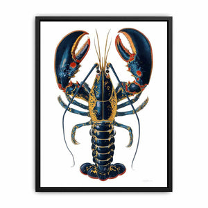 Blue and gold lobster illustration print for coastal kitchen and dining room decor.
